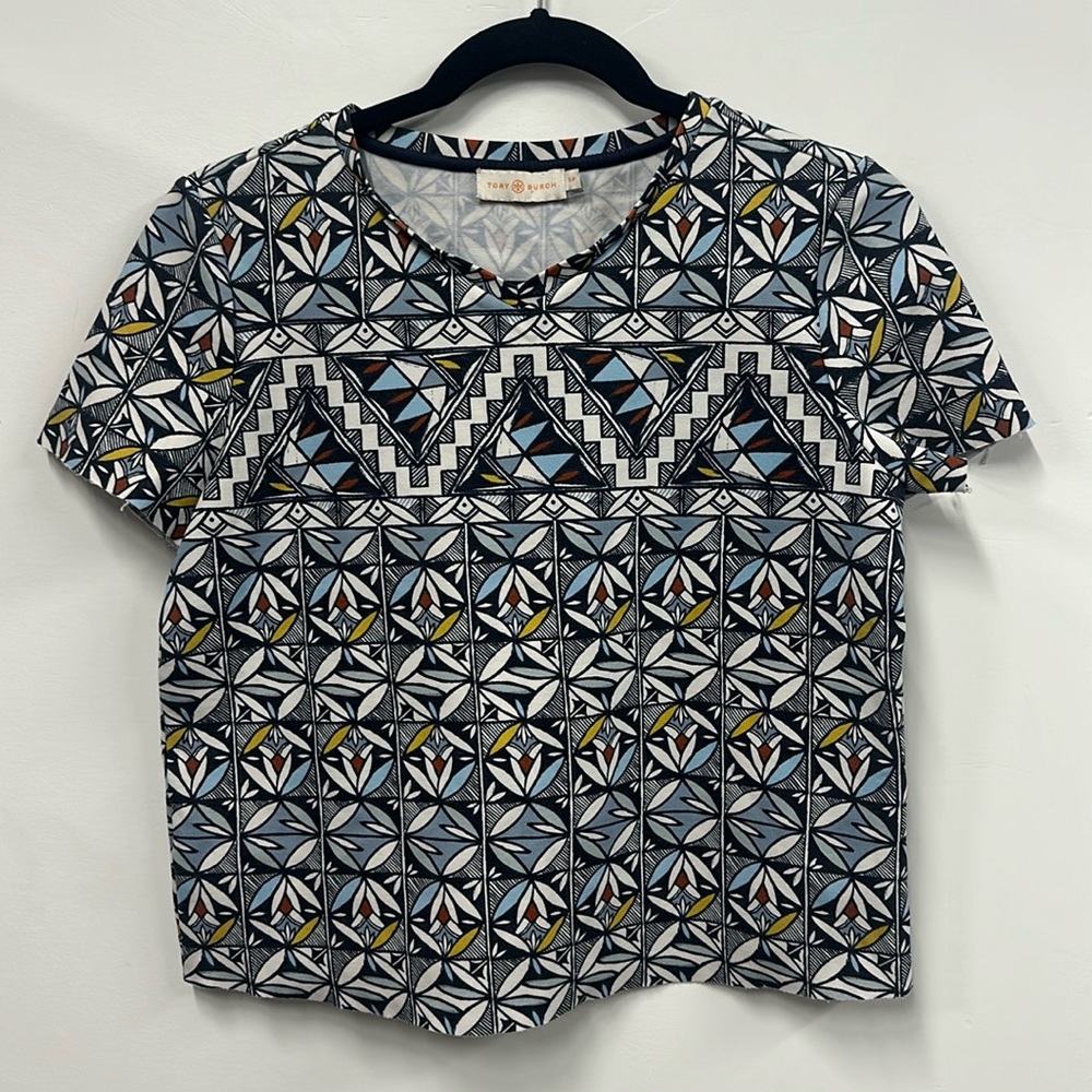 Tory Burch Multicolor Geometric Print Ponte Cropped Shirt Medium S